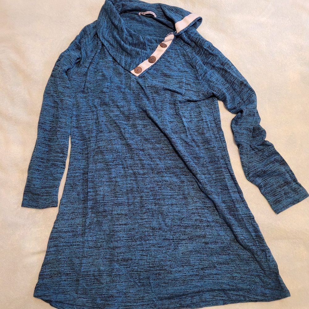 Button cowl neck stretch blue sweater dress/tunic, size XL.